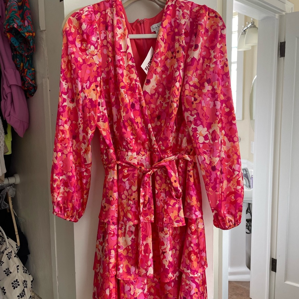 Nicole Miller Vibrant Pink Floral Wrap Dress